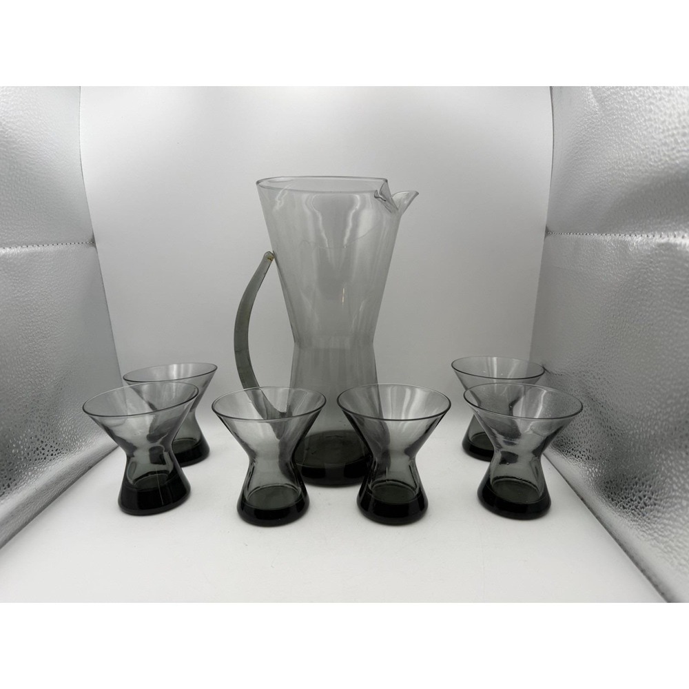 MCM Morgantown Glass Smoke Gray Martini Pitcher & 6 Glasses Set